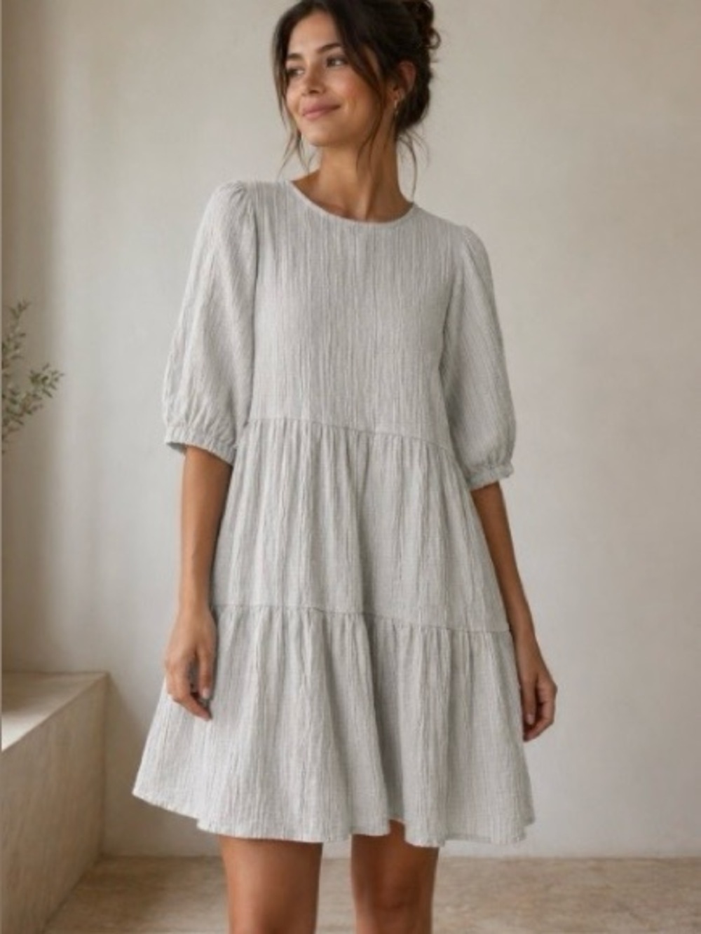 DRESKIP Relaxed Light cream Tiered Mini Dress with Puff Sleeves SIZE M